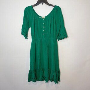 Cremieux Womens Ruffle Trim A-line Tiered Green Dress S 3/4 Sleeve Eyelet Button